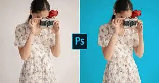 A person standing in white background is changed to blue background