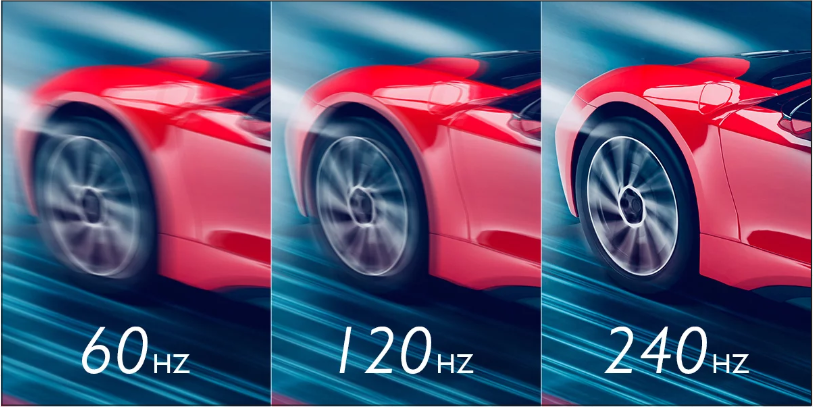 A comparison between 60, 120, 240 Hz refresh rate with higher making the image look less blurry